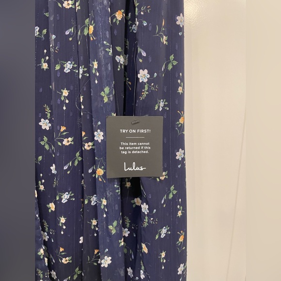 Lulu’s Sweet Blooms Navy Blue Floral Print Swiss Dot Wide Leg Jumpsuit - Picture 4 of 7